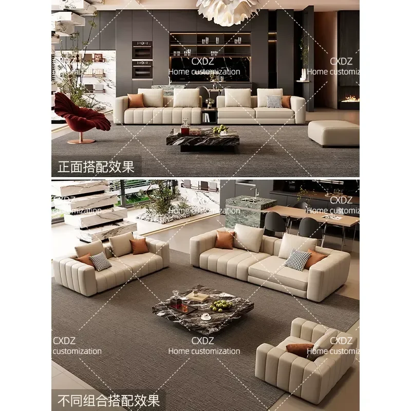 Leather Sofa for Living Room Villa Large Apartment High End Piano Key Design Straight Row Couch Modern Furniture