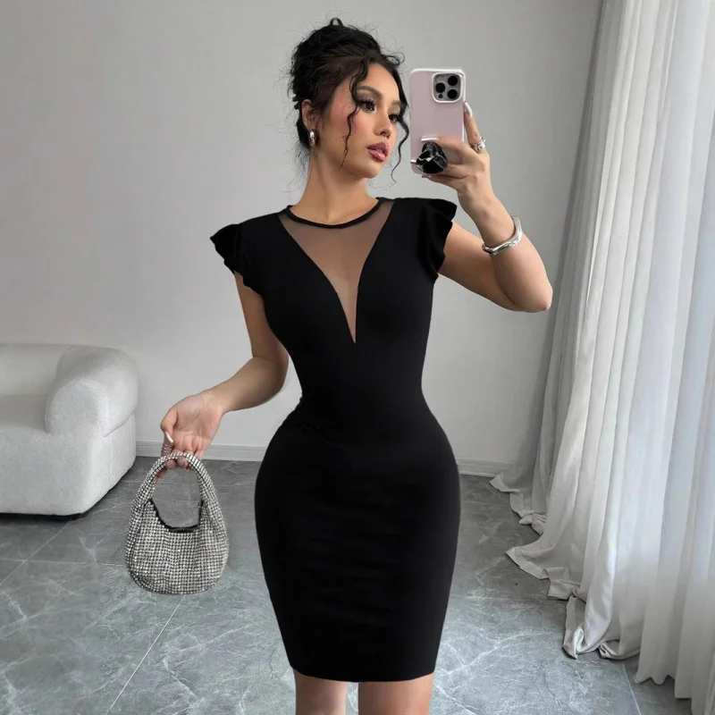 

2025New Year's Solid Color Round Neck Elegant Slim Fit Dress for Women Summer High-end Feel