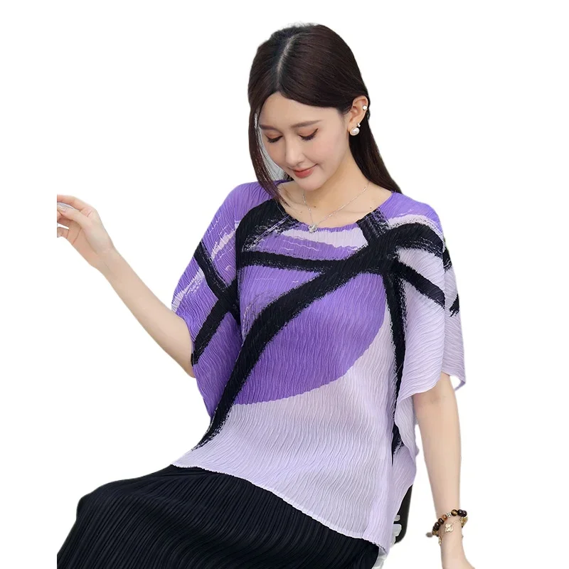 Miyake plissé à la mode multicolore contraste imprimé T-shirt été nouveau à manches courtes polyvalent Stretch minceur hauts femmes