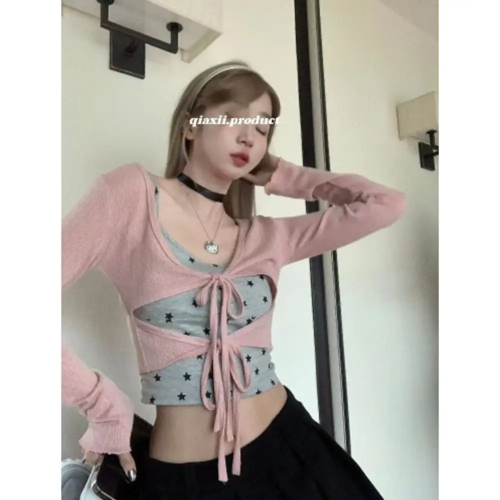 Star Print Suspender Strap Cardigan Two-piece Set Women's Summer New Spice Girl Short Top