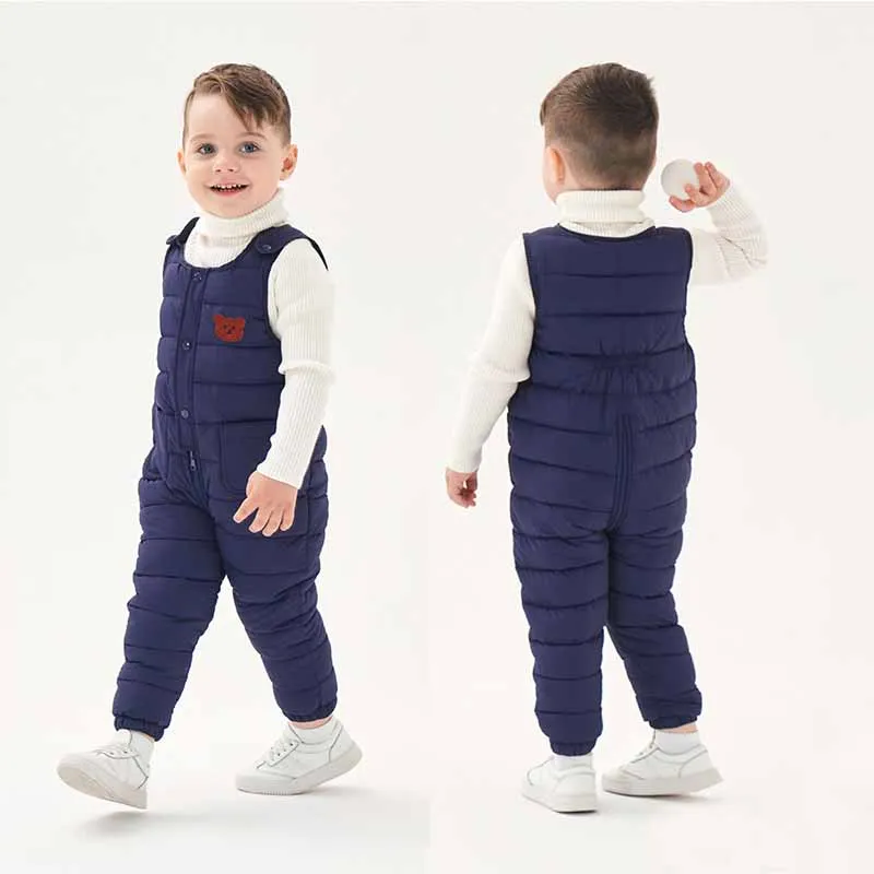 New Kids Thickened Backpack Cotton Trousers Boys Warm Solid Colour Bear Down Pant Autumn Winter Girls Fashion Casual Jumpsuit