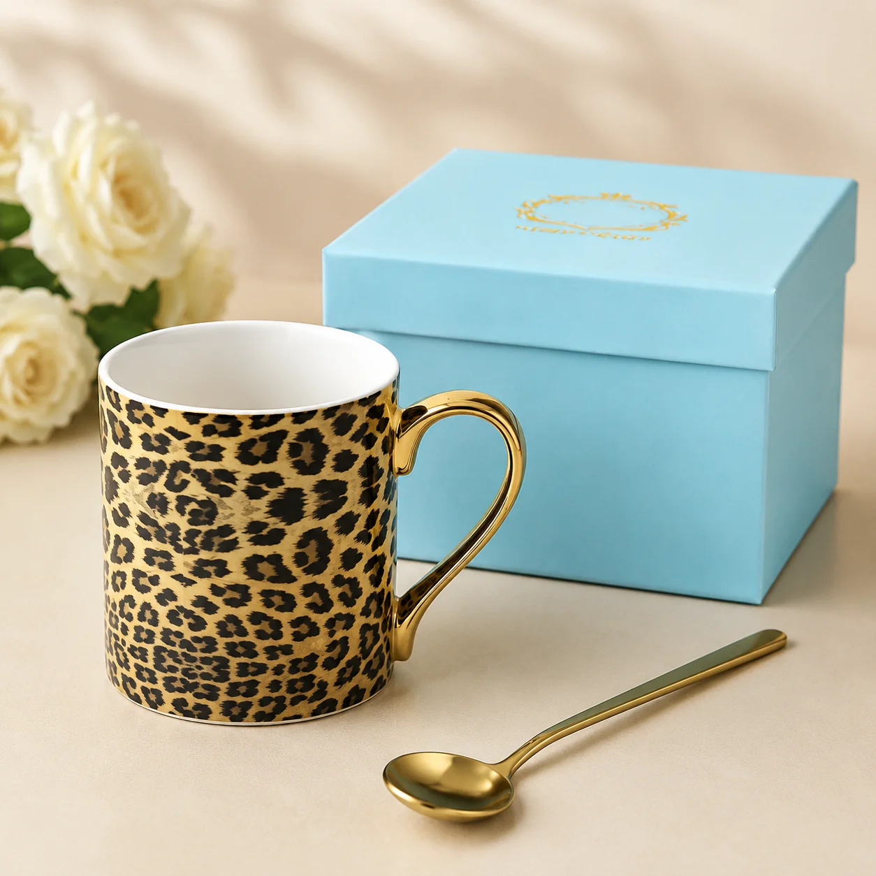 Luxury High-Grade  Bone China Leopard Print Coffee Mug  Ceramic  Milk Cup Tea Cup with Spoon drinkware Gifts