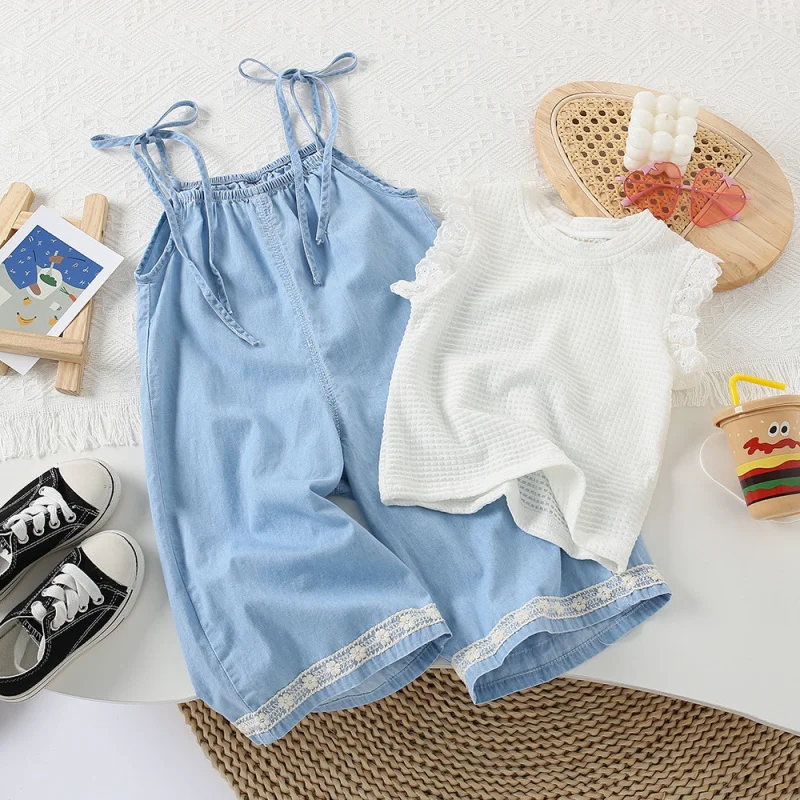 

KXKM-GirlsinsStyle Suspender Pants Suit Western Style Cute Style Light Blue Thin Denim Stylish Two-Piece Suit Summer Wear