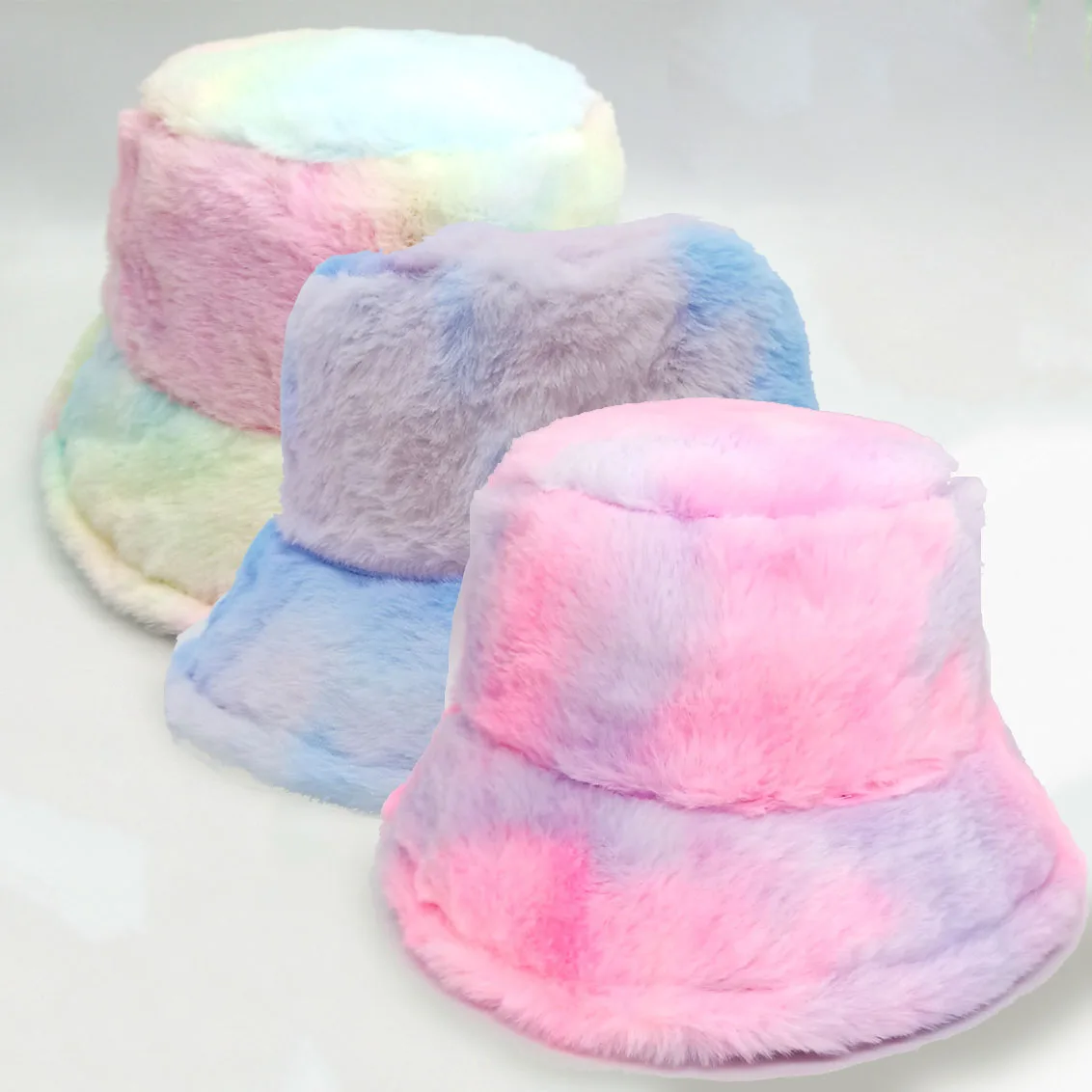 Tie Dye Colorful Plush Bucket Caps Lamb Wool Winter Hats For Women Panama Cap Furry Velvet Rainbow Sun Hats Girl Fisherman Hat