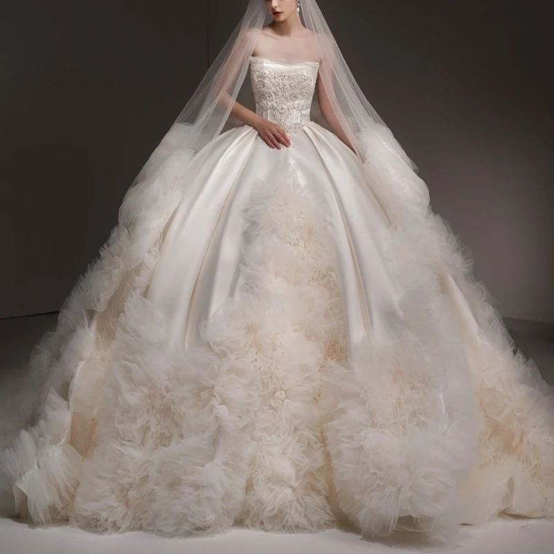 

Luxury Ivory Dubai Arabic Mermaid Wedding Dresses Beading Tiered Tull Crystal A-Line Court Train Wedding Dress Bridal Gowns vest