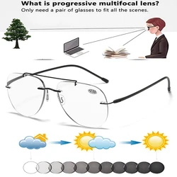 Clara Vida Titanium Alloy Double Bridge Pilot Rimless Photochromic Progressive Reading Sunglasses +0.75 To +4 See Near and Far