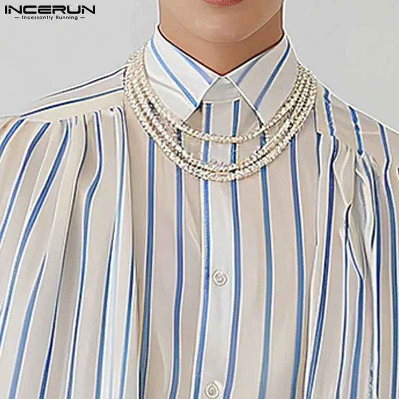 INCERUN Tops 2024 Korean Style Fashion Men\'s Striped Patchwork Design Shirts Casual Clubwear Hot Sale Long Sleeved Blouse S-5XL