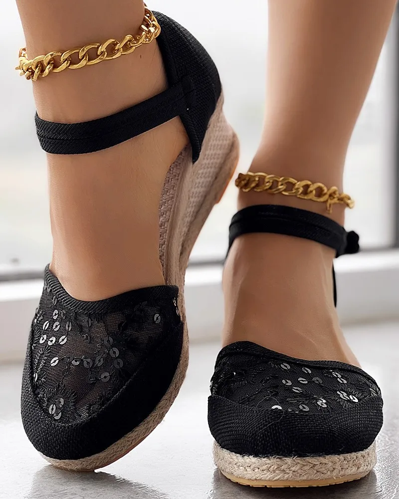 Sandals Embroidery Braided Espadrille Ankle Strap Wedge Mesh Sequined Women 6cm High Heel Espadrille Sandals Breathable Shoes