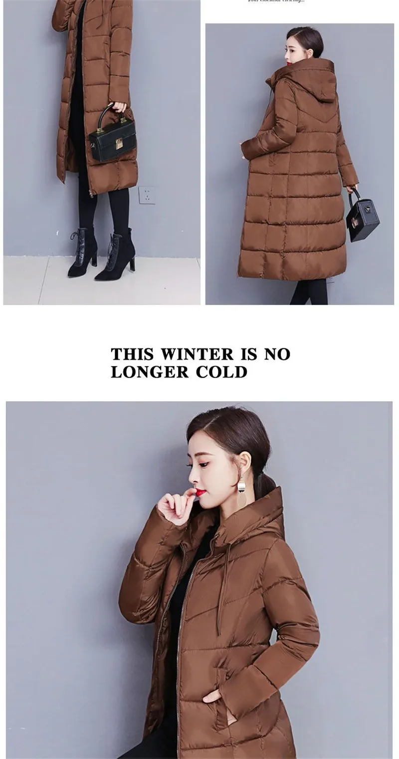 Winter 2023 New Down Cotton-Padded Jacket Long Loose Fashion Coat Thickened Outerwear Warm Zipper Hooded Solid Color Overcoat