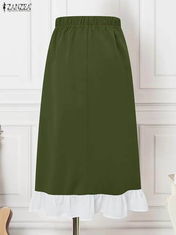 ZANZEA 빈티지 플로럴 프린트 롱 스커트 2025 패션 여성용 신축성 있는 허리띠 캐주얼 레이스 패치워크 러플 바텀스