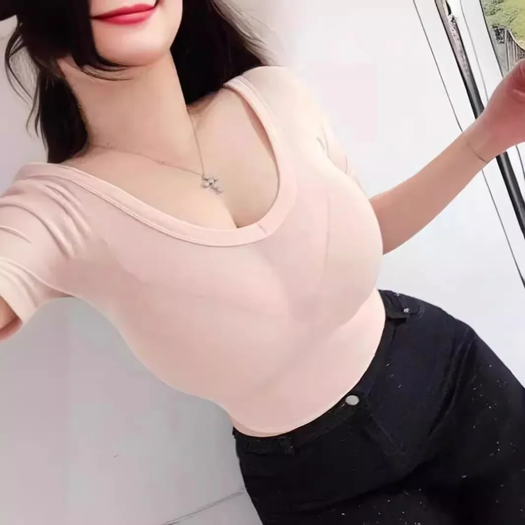 شفافة المرأة الخامس الرقبة قصيرة الأكمام تي شيرت اقتصاص الأعلى التخسيس نمط ألياف البوليستر الصيف جديد وصول صورة ظلية عصرية