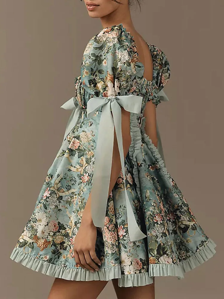 New Plus Size Women's Lace Square Collar Mini Dress With Floral Print Lantern Short Sleeves Dress Party Elegant Evening Dresses