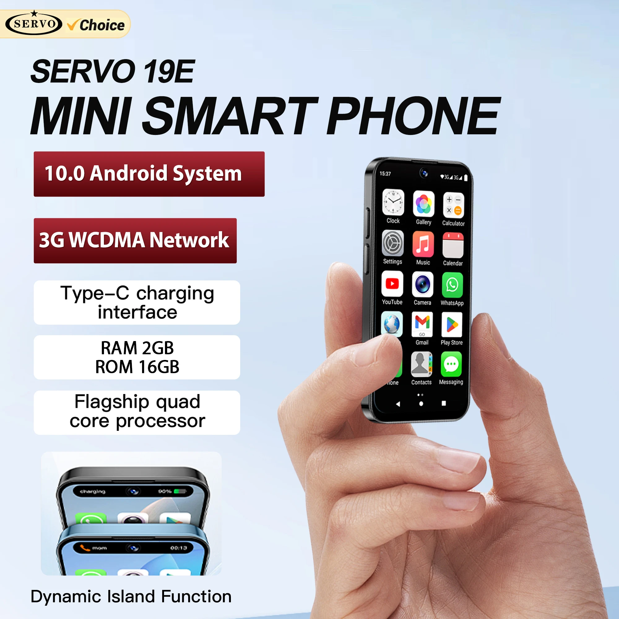 SERVO 19E Android Mini Smartphone 3G WCDMA 2GB RAM 16GB ROM Play Store Face Unlock WiFi GPS 2SIM 3.88