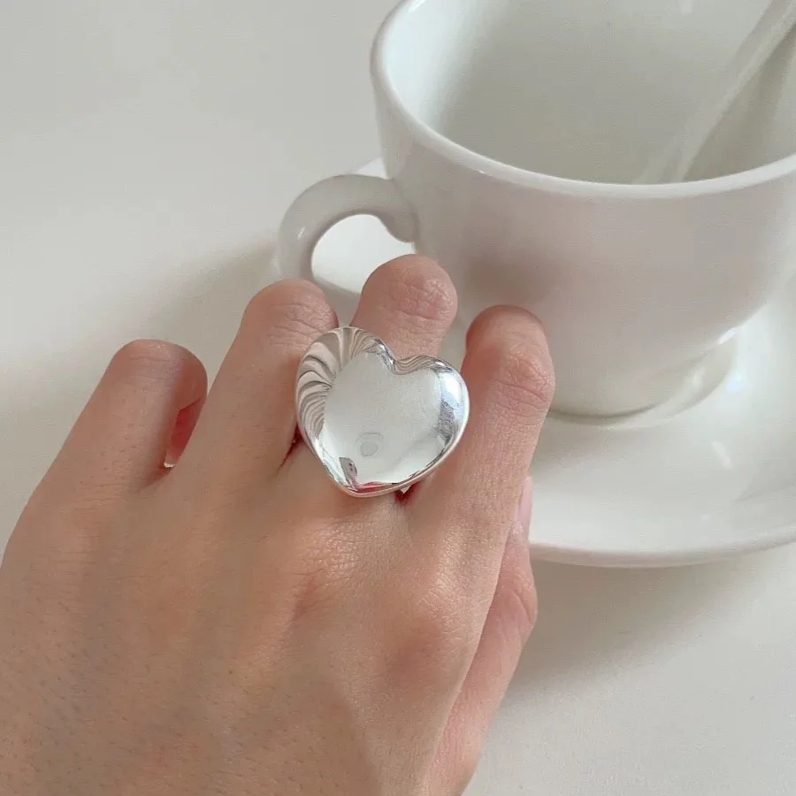 Women's Adjustable Simple Smooth Heart Ring, 925 Sterling Silver