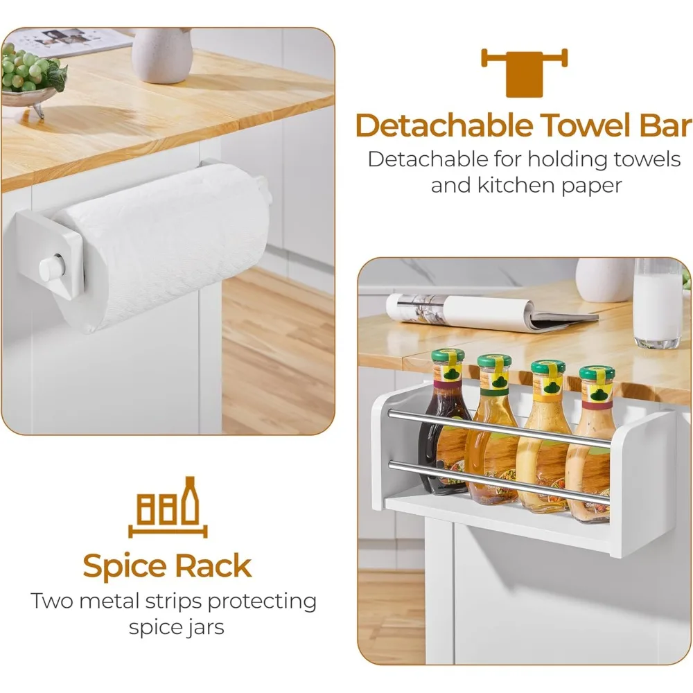 عربة جزيرة المطبخ المتدحرجة مع أوراق متدلية، جزيرة بعرض 49 بوصة على عجلات مع خزانة وأدراج، سطح من الخشب المطاطي، منفصل