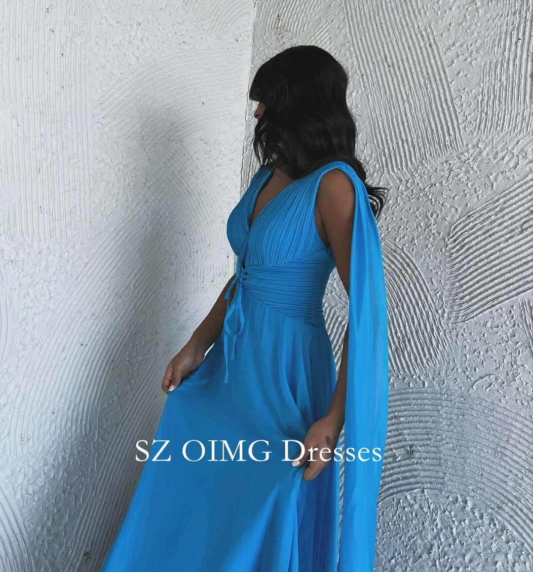 

OIMG Gorgeous Fashion Customized Sheath Blue Prom Dresses Cape Sleeves Sexy Chiffon Open Back Evening Gowns Formal Party Dress