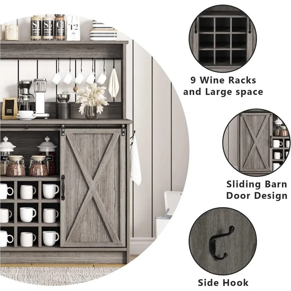 Farmhouse Style Coffee Bar Cabinet with Hutch, 6 Hooks, 47 Wine Storage Buffet Cabinet