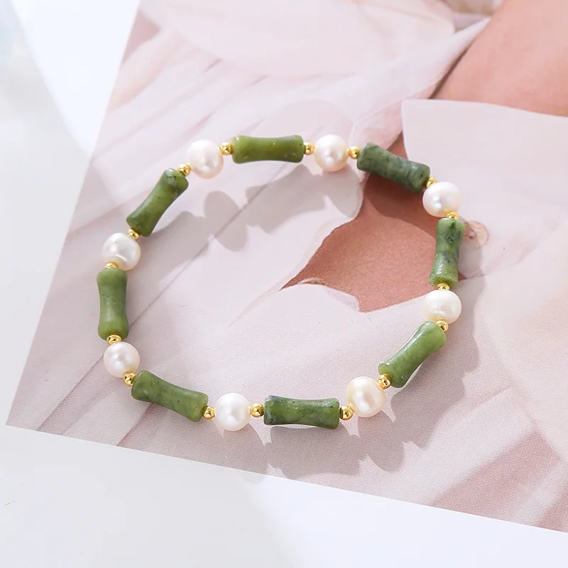 100% Natural Freshwater Pearl & Bamboo Joint Olive Jade 14K Gold Filled Female Bracelet For Girlfriend Gifts Cheap