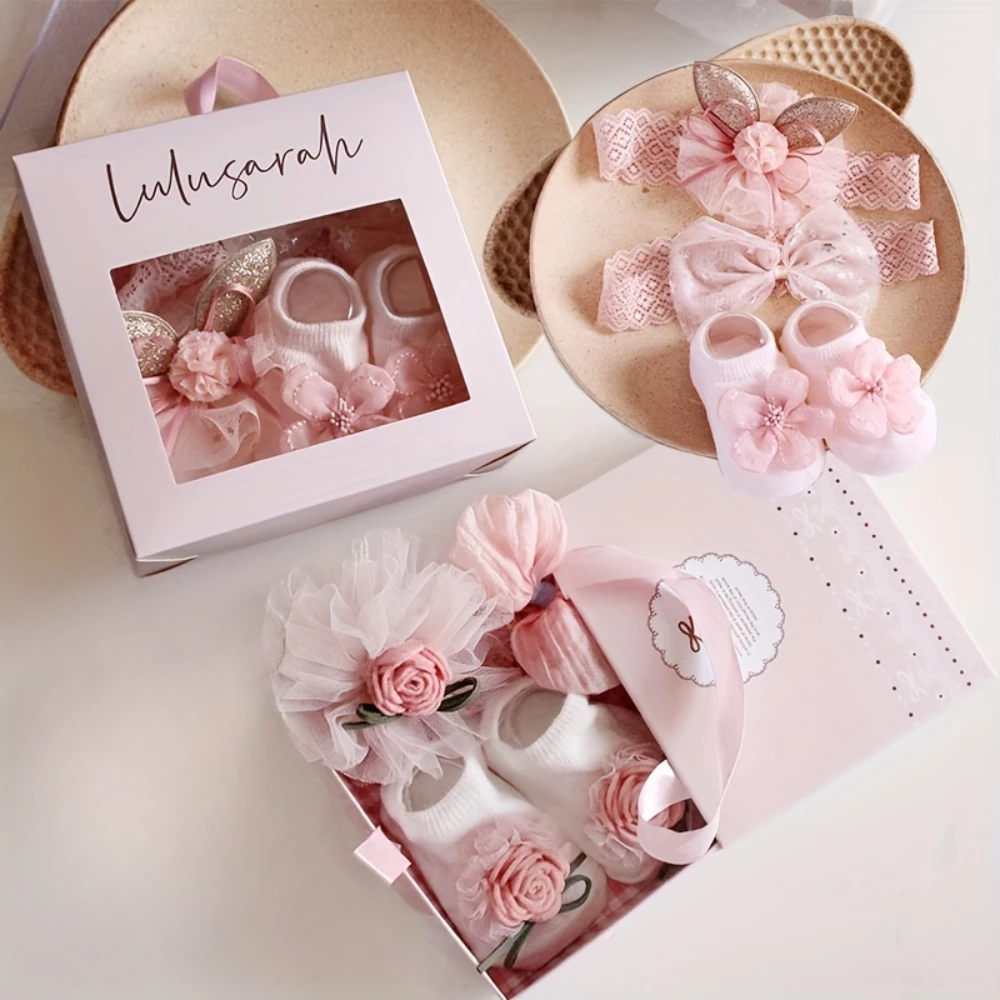 3 Pcs Baby Girl Accessories Set: 1 Socks, 2 Bow Headbands with Gift Box, Holiday Party Gift Box, Ideal Newborn Remembrance Gift