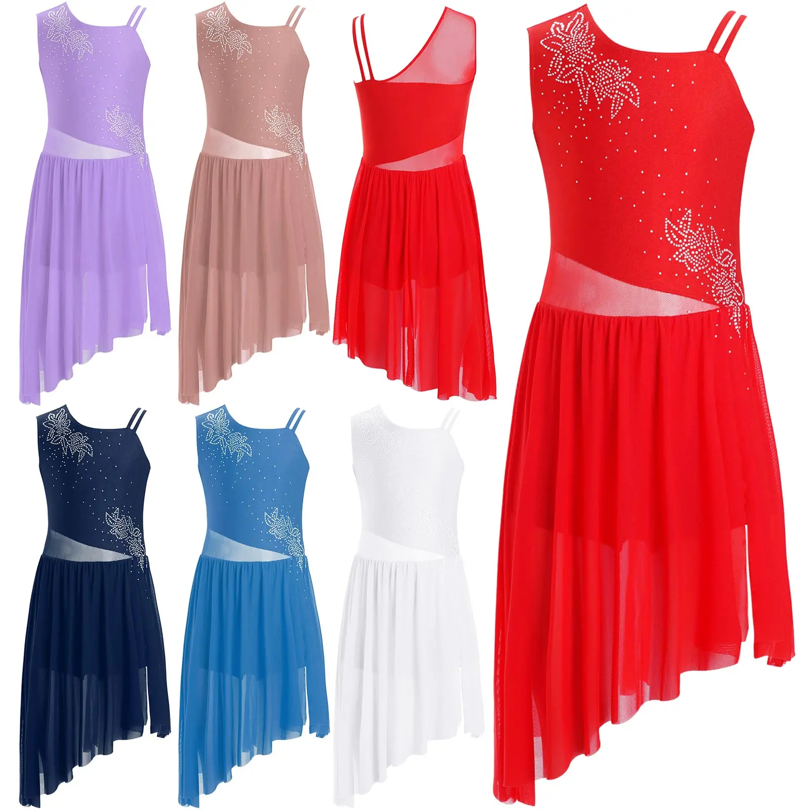 6-16Y الفتيات الحديثة فستان رقص غنائي بلا أكمام لامعة حجر الراين يوتار Dancewear للتزلج الجمباز الأداء البهلوانية #2