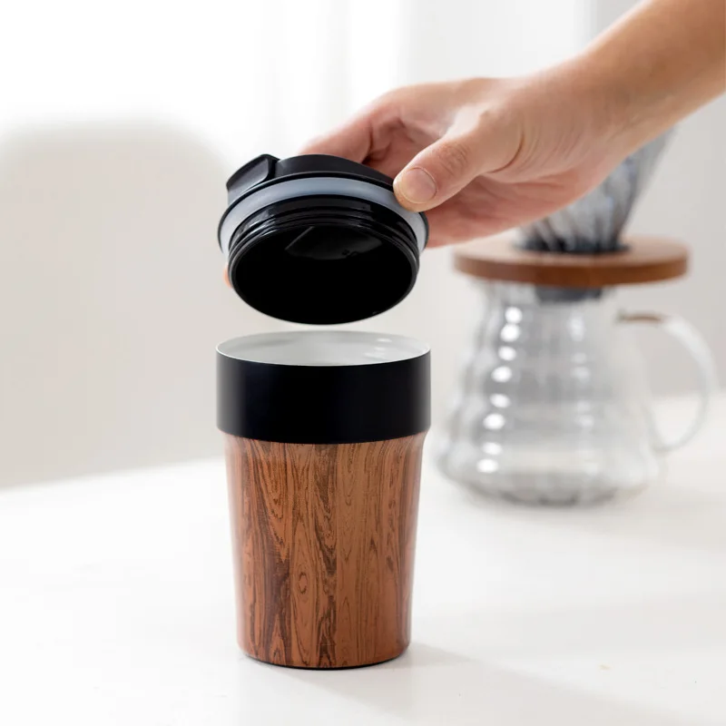 Portable Wood Grain Coffee Mug with Lids Vacuum Insulated Tumbler Thermos Cup for Keep Coffee Tea Hot Cold Inner Ceramic Coating