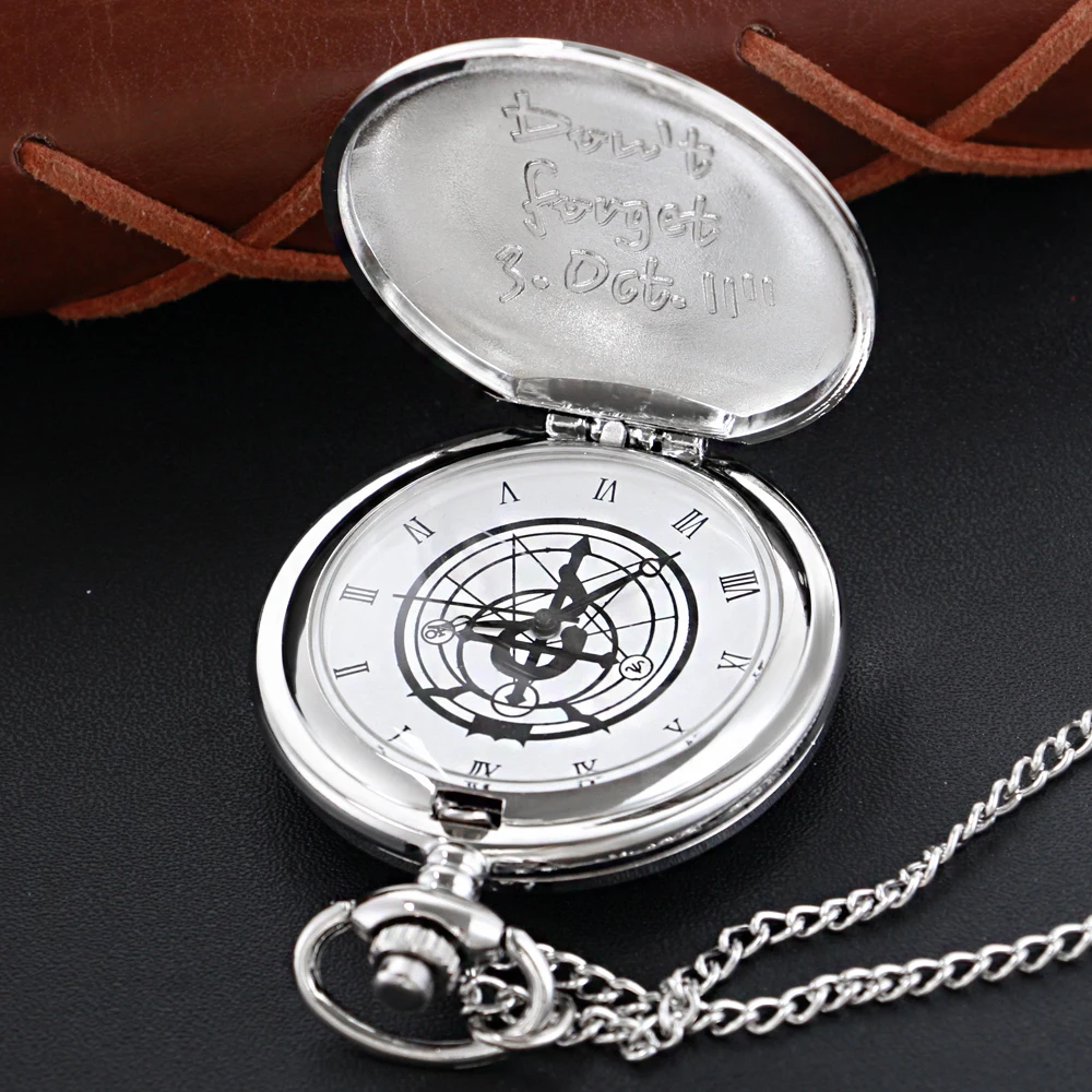 Montre de poche à Quartz avec chaîne, thème alchimie, argent lisse, pour hommes et femmes, breloque rétro, pendentif Steampunk, collier, horloge Cf1217