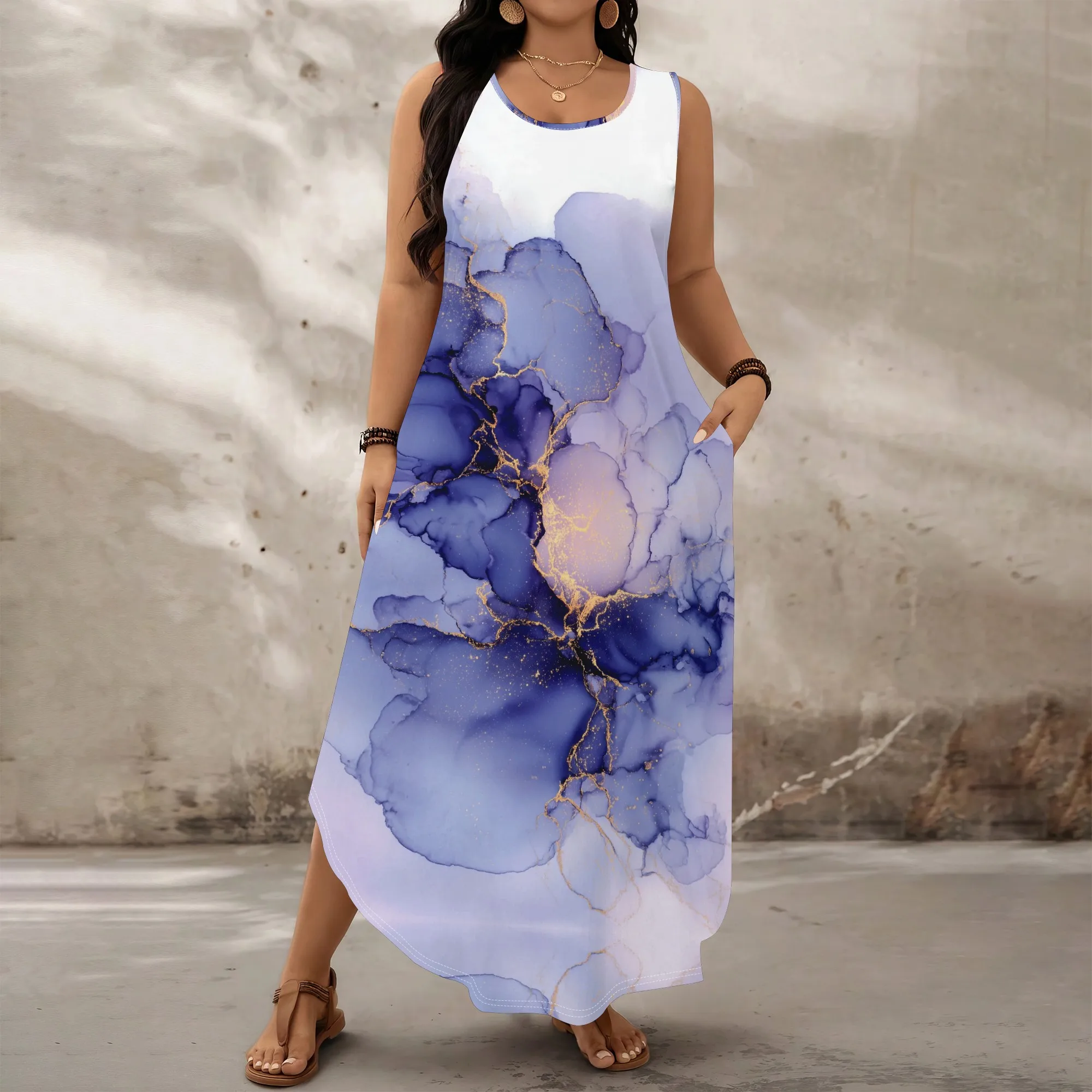 

Blue Marble Print Maxi Dress XL‑6XL Sleeveless Loose Fit with Pockets for Art Show, Museum Visit or Summer Vacation Look
