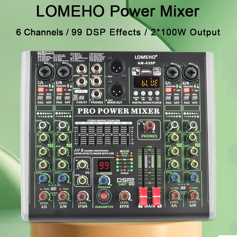 LOMEHO 2*100W Power Audio Mixer Amplifier 6 Channel Mixing Console with Amp 48V USB PC Record Bluetooth Dj Sound Table AM-AX6P