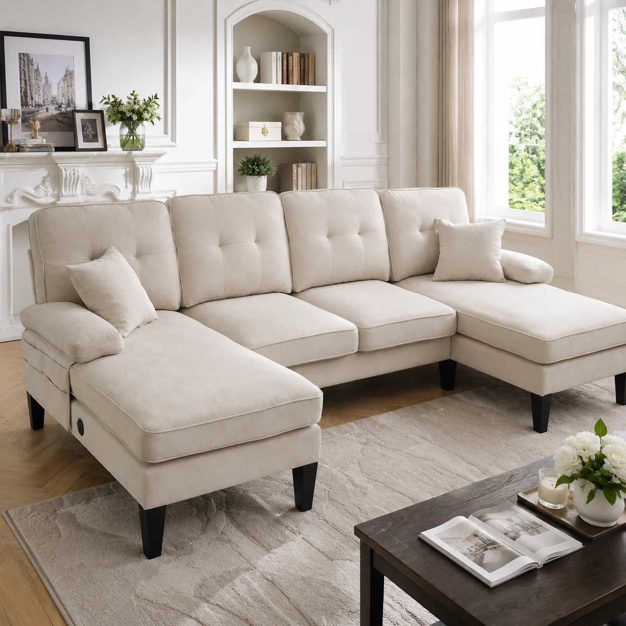 Canapé en U moderne LVHOM 4 places avec deux chaises longues, coussins confortables et ports USB, tissu en velours côtelé et lin