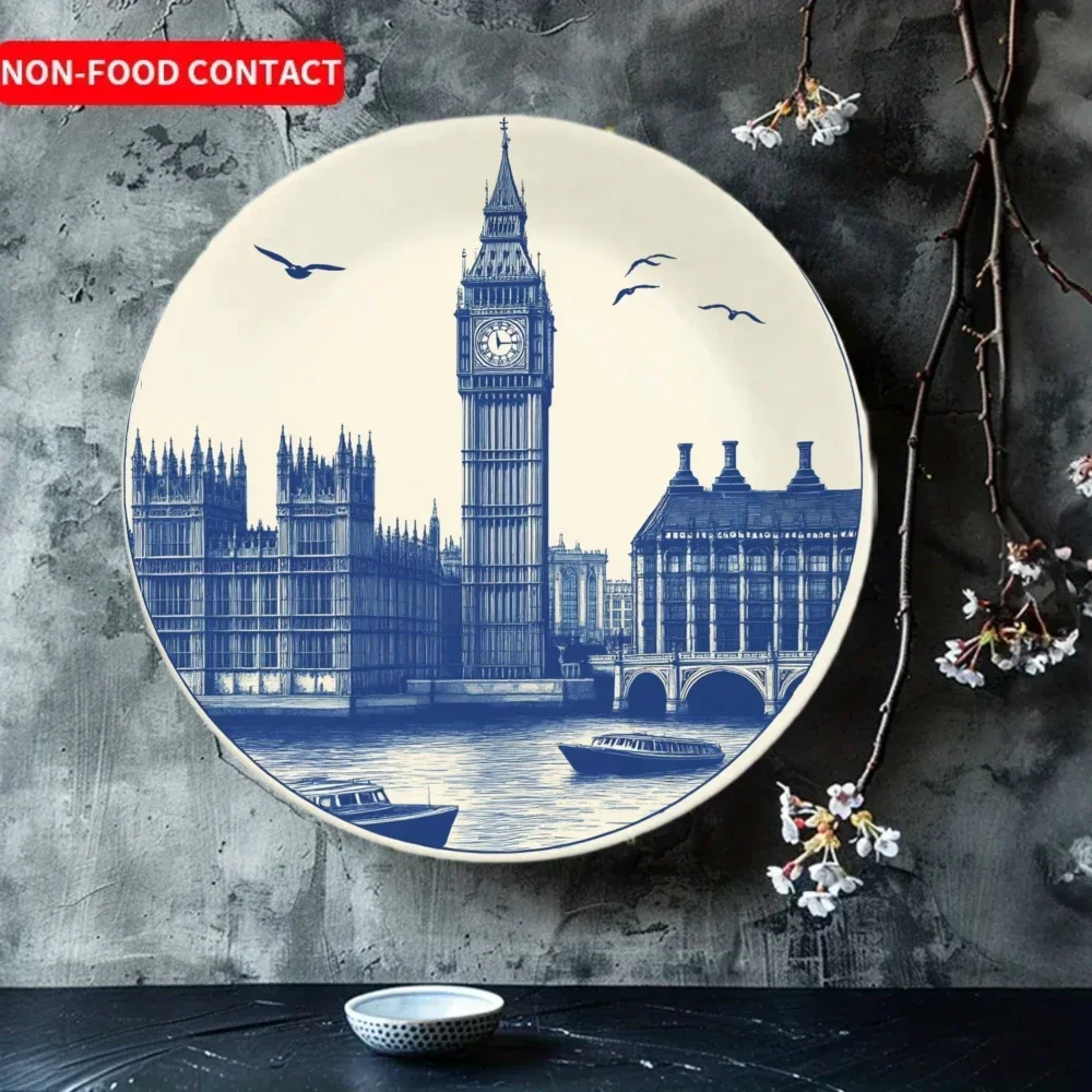 Christmas 1pc 8-Inch Hand-Painted Ceramic Round Plate, Blue Floral Print Design with Chinese Blue and White Porcelain Elements,