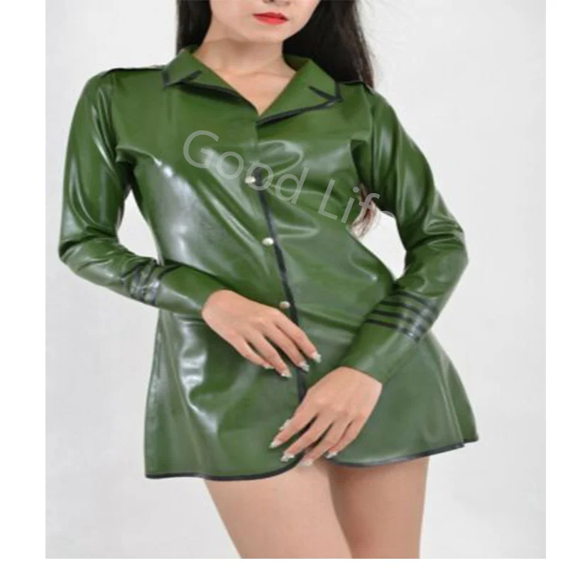 

Latex Gummi Rubber Long Sleeve Top Woman Latex Coat With Front Button Army Green Cool Les Sexy Pub wear Customized