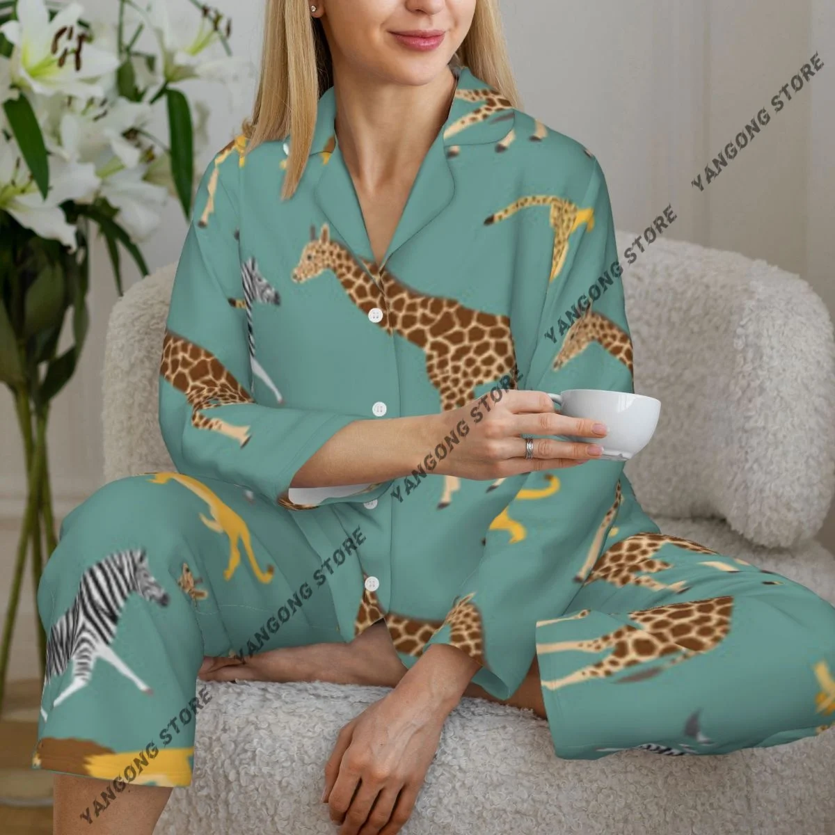 

Cute African Animals Womens Pajamas Loungewear Two-piece Sleepwear Button-Down Full Sleeve Long Pajamas Set