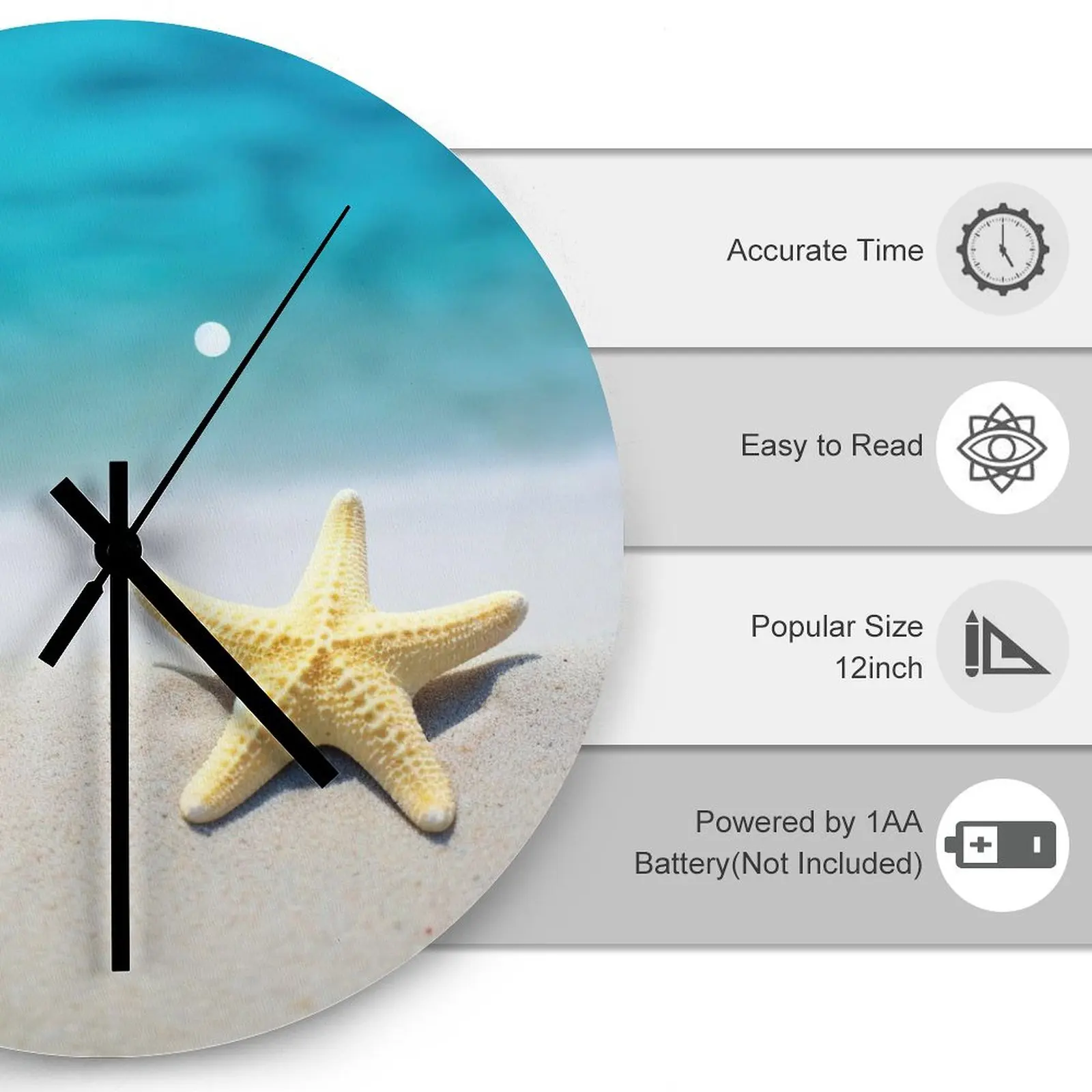 Dining Room Wall Clock Beach Starfish Sea star Clocks 12 inch Mute Fashion Round 3D Display Modern Home Decor