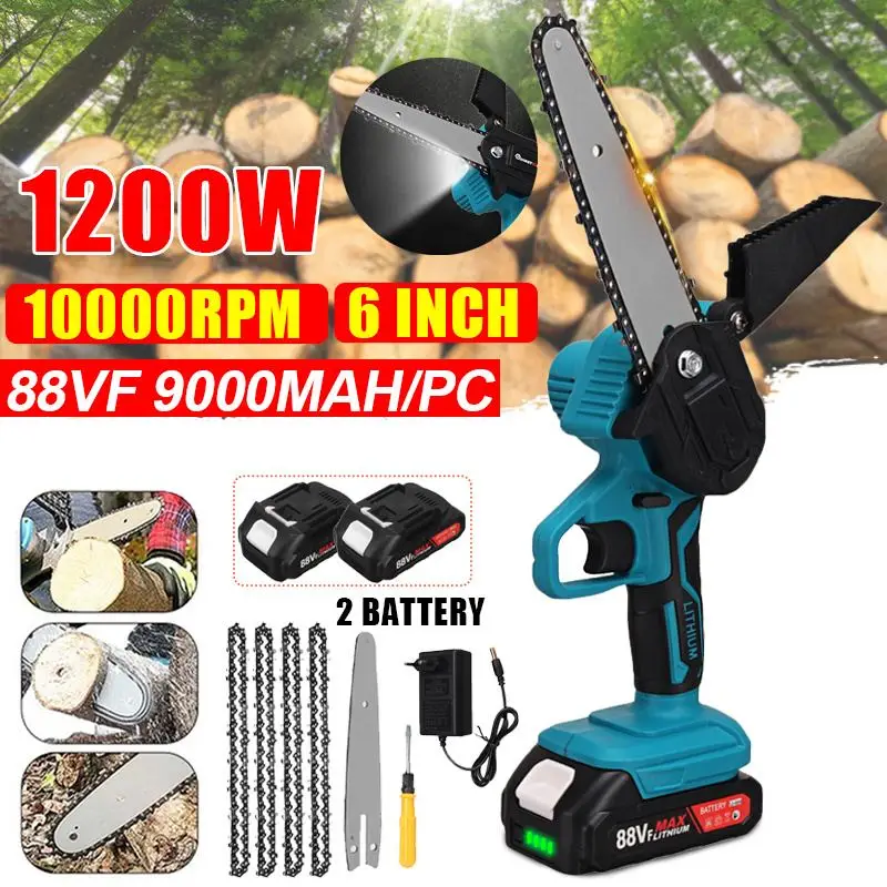 

6 Inch 88VF Mini Electric Chain Saw Power Display Battery 4pc Chains Woodworking Power Tool For Makita 18V Battery