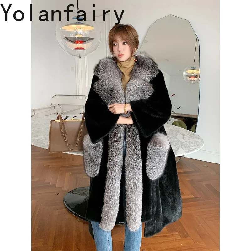 YOLANFAIRY Velvet Mink Real Fur Jacket Whole Mink Fluffy Overcoat Winter Fox Fur Collar Tops Overcoat Long Fur Coat 110cm Шуба