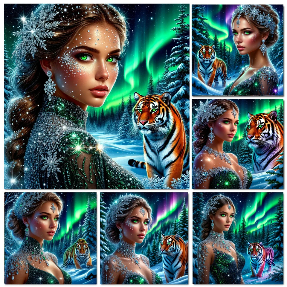 Aurora Snow Mountain Scenery 5D Diy Diamond Painting Cross Stitch Kits Beautiful Woman Tiger Full Diamond Mosaic Art Embroidery