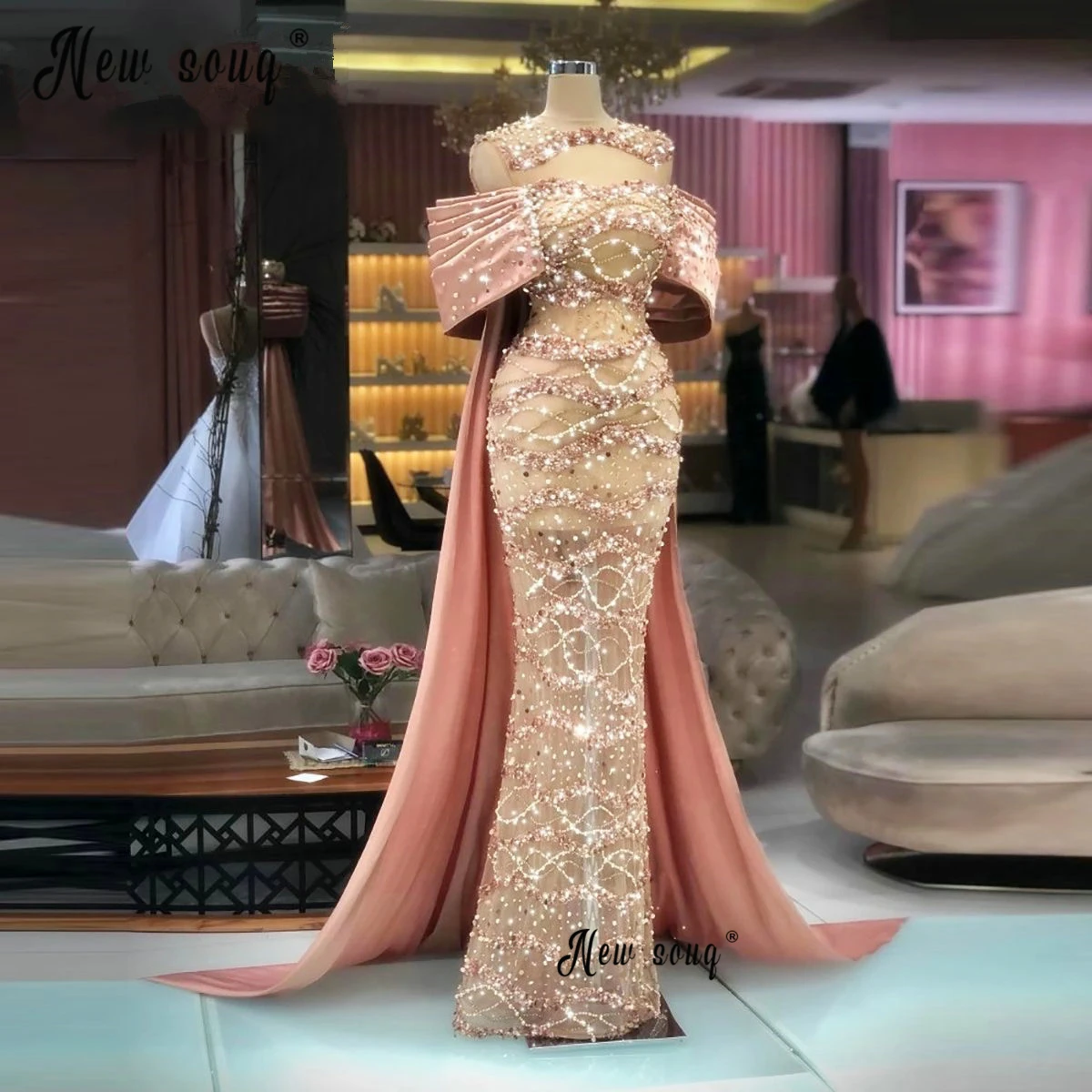 

Elegant Full Beaded Mermaid Pink Evening Dress With Cloak 2023 New Arrival Bling Crystals Gala Dress Luxury Formal Party Gowns