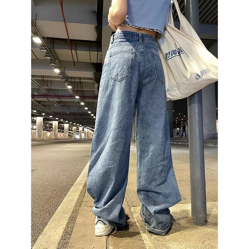 Streetwear Gerade Hosen Damen Zerrissenen Jeans Hohe Taille Lose Breite Bein Hosen Damen Jeans Y2K Plus Größe High Street Jeans