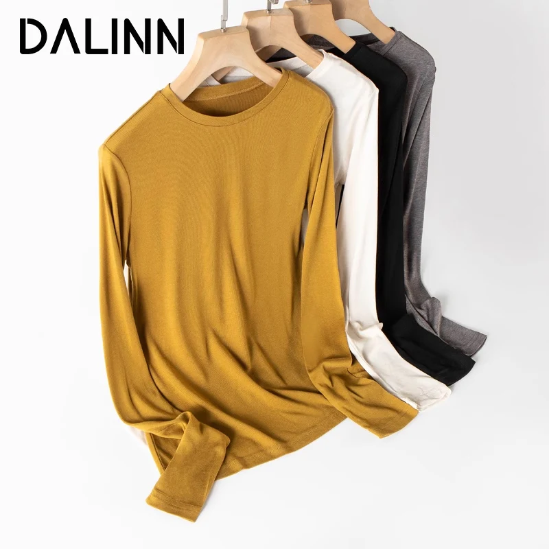 

Woman Slim T Shirts Basic Long Sleeves Silk Acrylic Blend O Neck Cozy Tee 2023 Fall Winter New Bottoms Top Ginger Grey DALINN