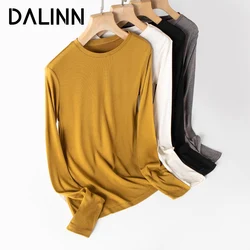 Woman Slim T Shirts Basic Long Sleeves Silk Acrylic Blend O Neck Cozy Tee 2025 Fall Winter New Bottoms Top Ginger Grey DALINN