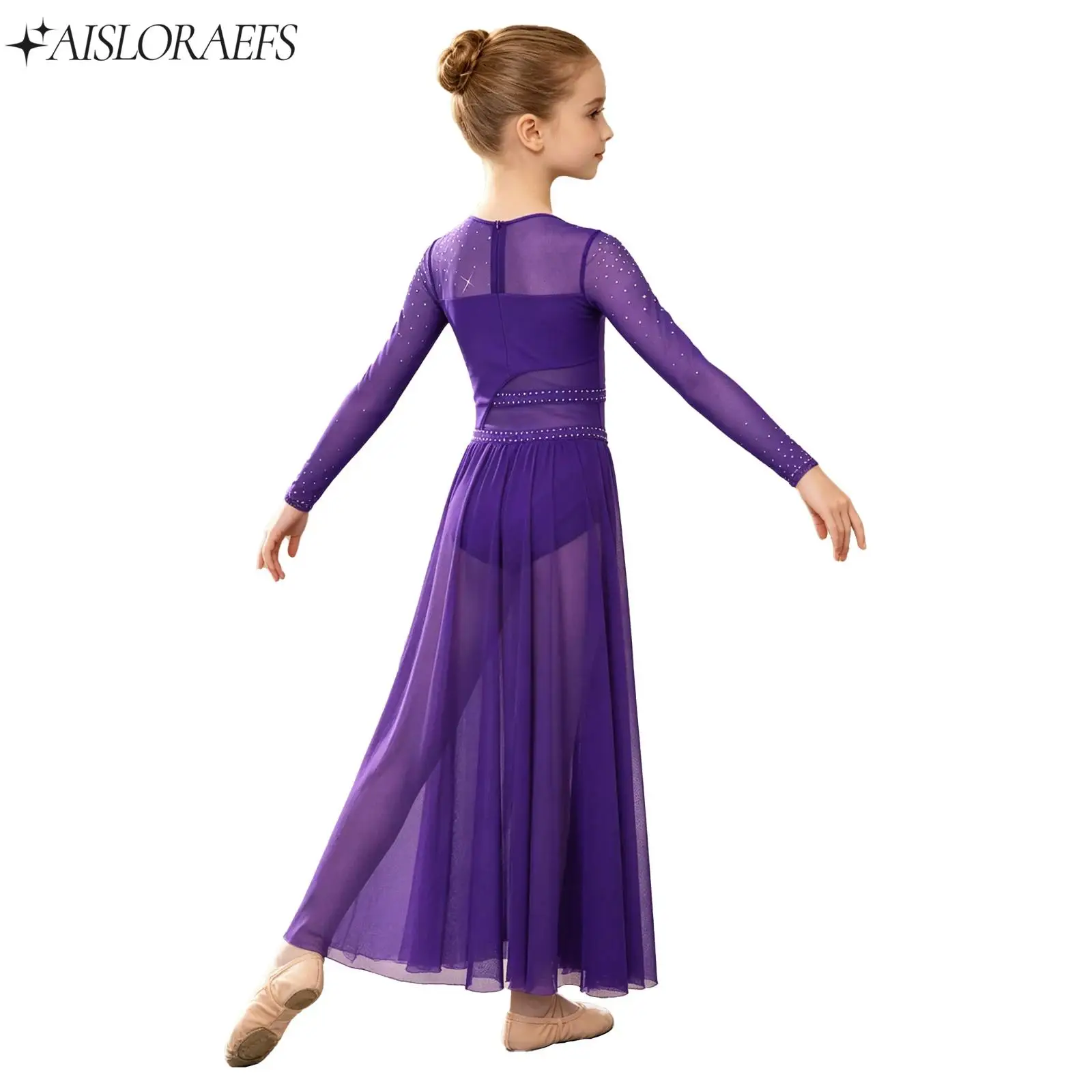 Mädchen-Ballett-Eiskunstlauf-Performance-Outfit mit Seitenschlitz, Pailletten und Strass für zeitgenössische Gymnastik und lyrischen Tanz