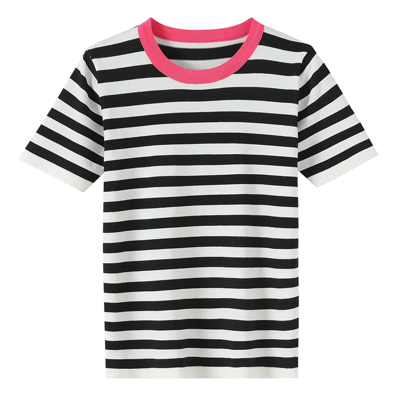 

Summer New Short-sleeved Women O-Neck Slim 100% Cotton Striped Pullover Vest T-shirt Knitted Base Casual Comfortable Sweater
