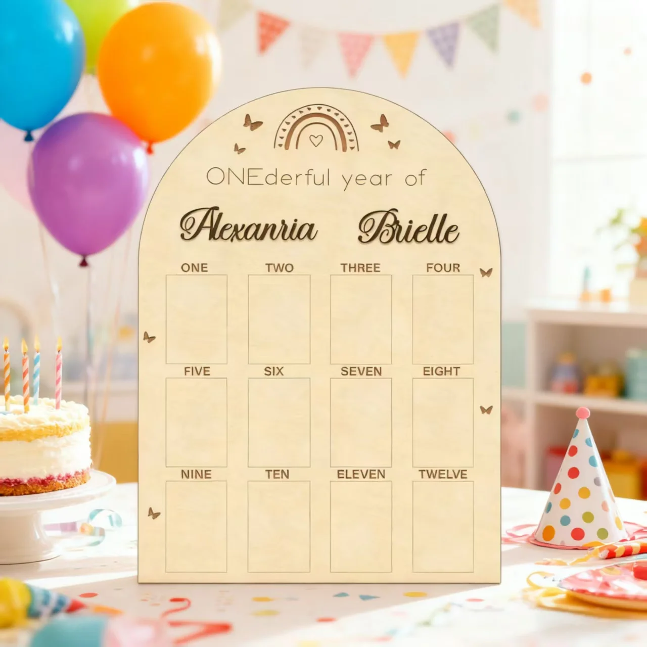 

Personalized ONEderful Year Baby Milestone Board - Wooden 42.3x30cm Photo Display, Custom Name, 12 Month Slots, 5 Colors