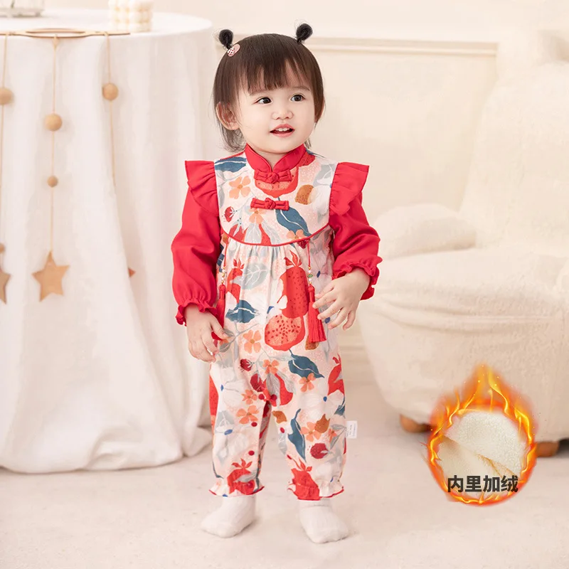 

Baby autumn\winter plush jumpsuit for girls thickened warm children's clothing newborn 0-3 months bodysuit baby new year rompers