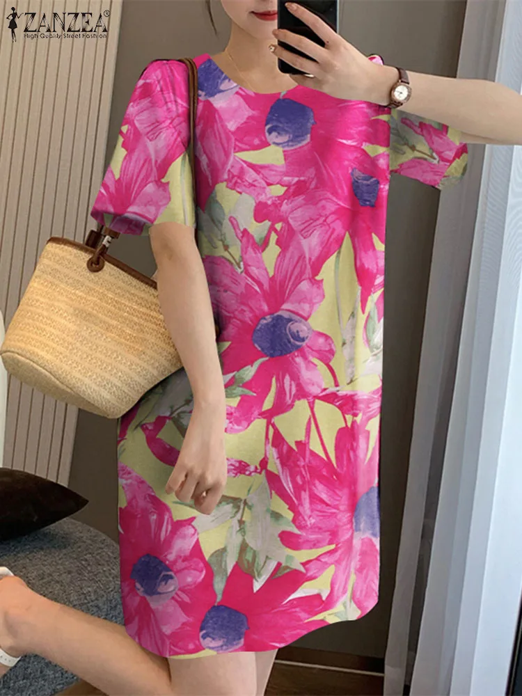 ZANZEA Damska bawełniana sukienka imprezowa Vintage Floral Printing Sundress 2024 Summer Holiday Krótki rękaw Krótki szlafrok Okrągły dekolt Vestidos