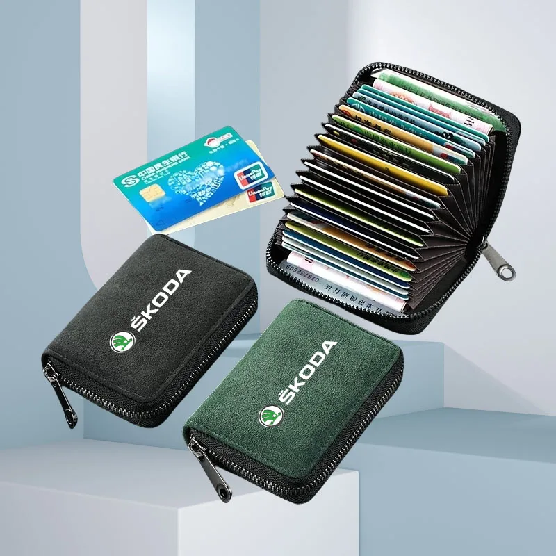 

Car Card Holder Wallet Leather Card Zipper Pocket Key Card Pouch Coin Purse for Skoda VRS Octavia Kodiaq Karoq Superb Fabia