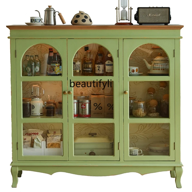 Retro Green Carved Three-Door Sideboard Cabinet Living Room Storage Cabinet Arch Glass Display Wine Cabinet Kitchen