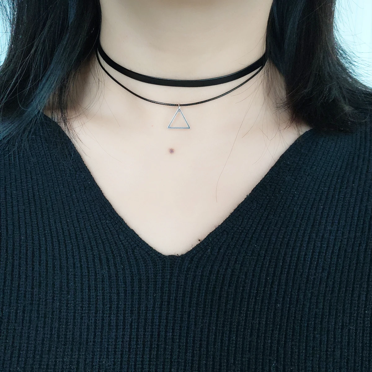 Fashion classic all-in-one vintage stainless steel triangle double layered with choker necklaces for women