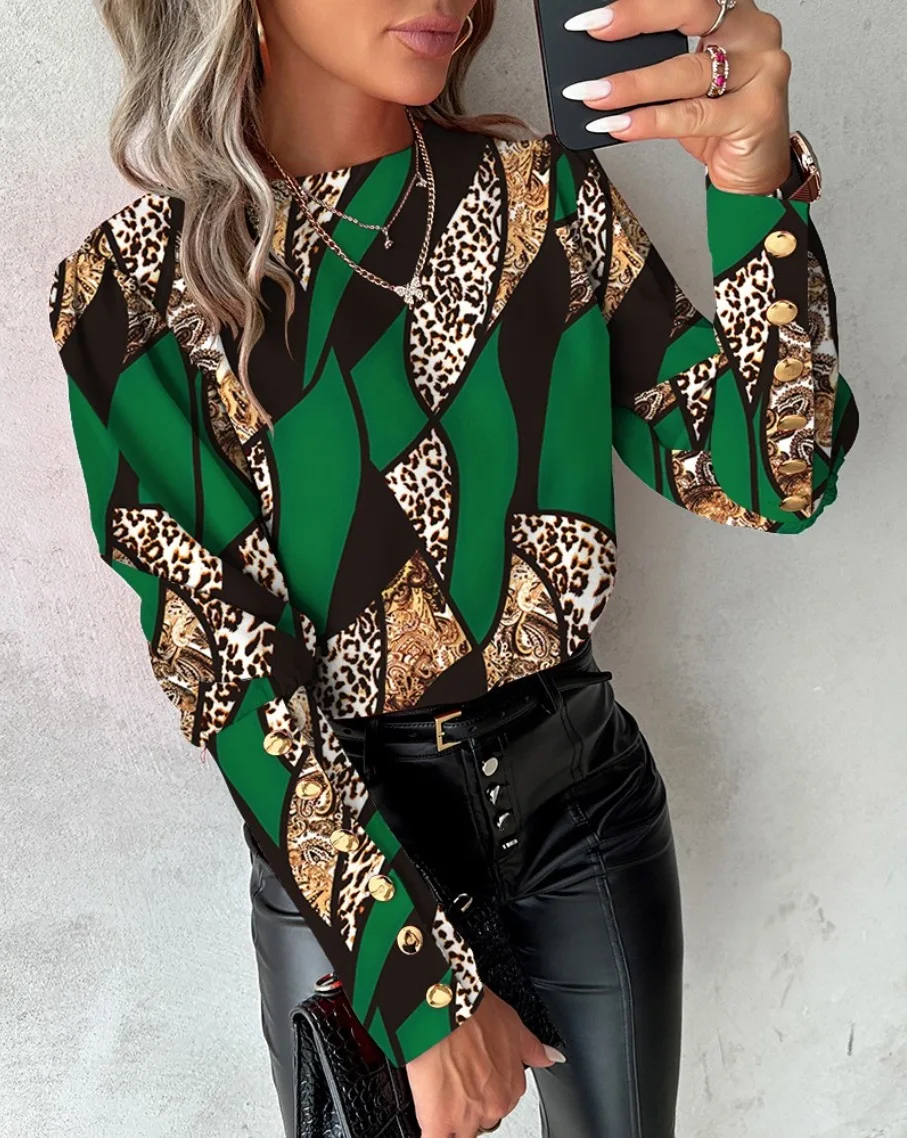 Autumn and winter fashionable printed long sleeved love style round neck button up blouse shirt for women