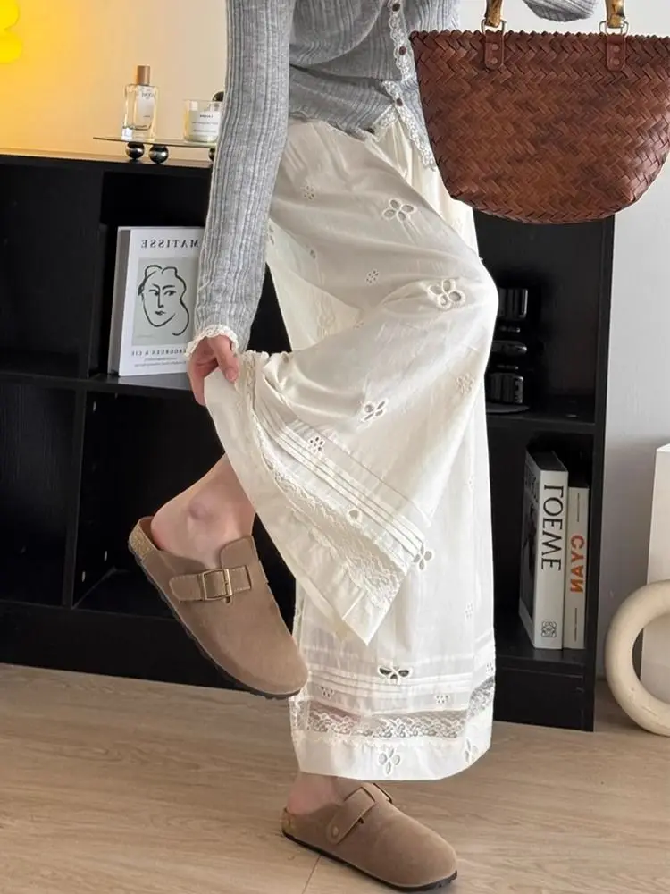 Ele High Waist Lace Hollow out Casual Pants Women's Wide Leg Long Trousers Summer Slimming Loose Fit Straight Leg Jeans